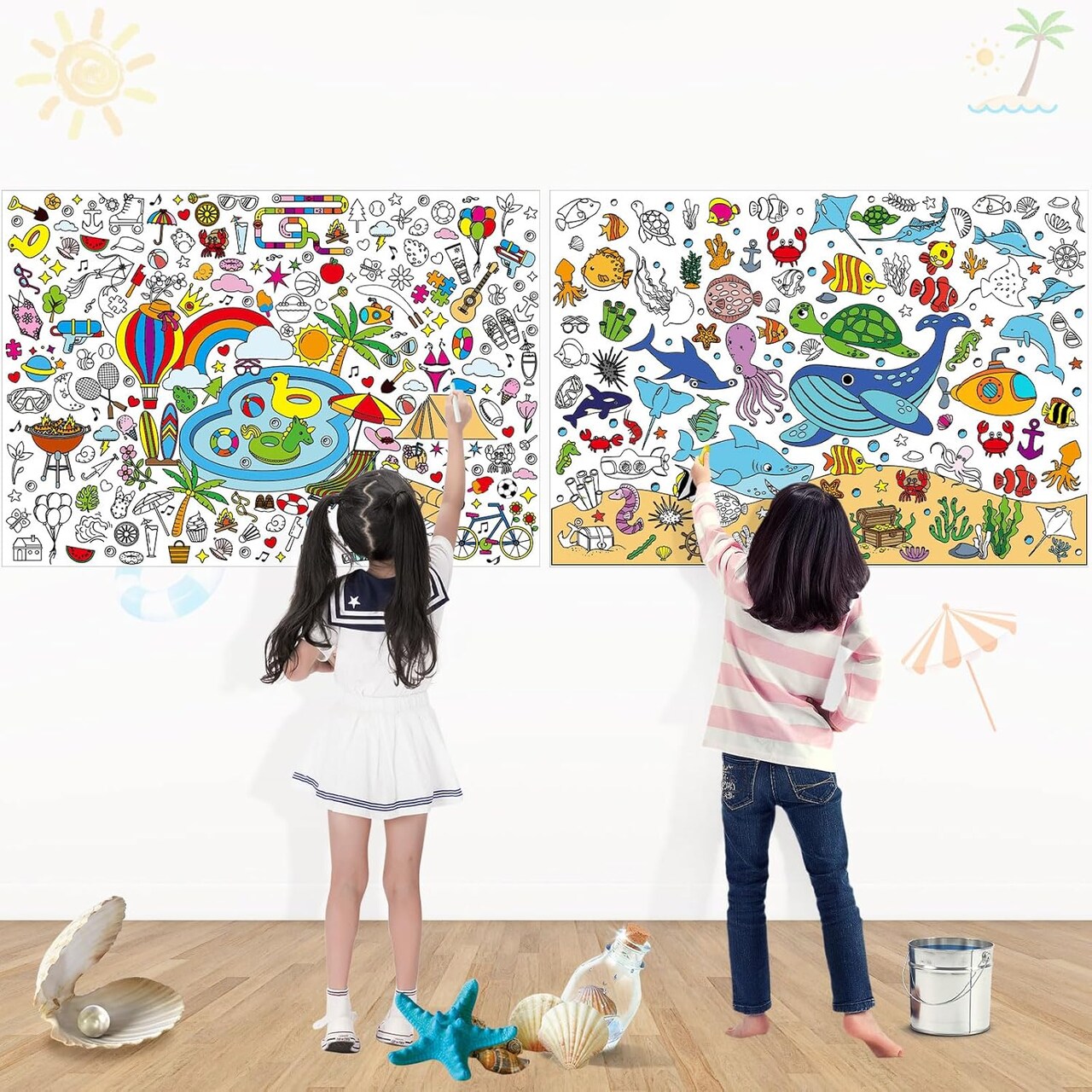 2 PCS Giant Summer Activity Coloring Poster, Under The Sea Large Coloring Tablecloth Ocean Animals Giant Color-in Paper Table Cover for Kids School Classroom Wall Birthday Crafts Supplies